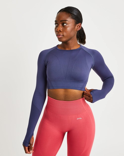 AYBL Balance V2 Seamless Long Sleeve Crop Top Bleu Marine Bleu | FNQKSLT-10