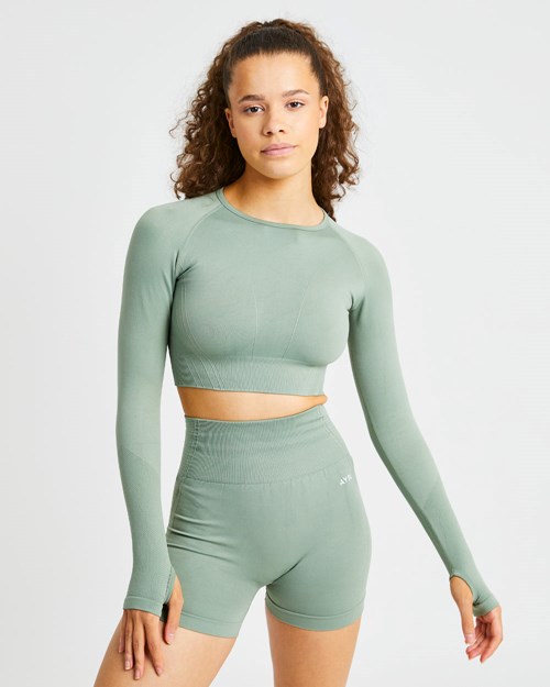 AYBL Balance V2 Seamless Long Sleeve Crop Top Vert Olive Vert | UZGQCLE-40