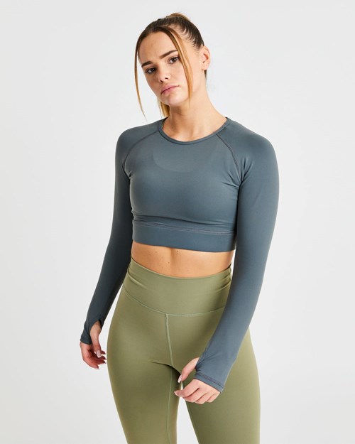 AYBL Core Long Sleeve Crop Top Grise | KPHIOUE-54