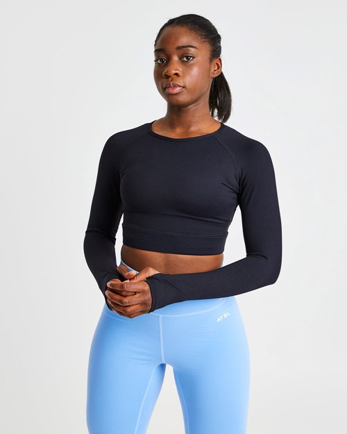 AYBL Core Long Sleeve Crop Top Noir | KNARSZF-07