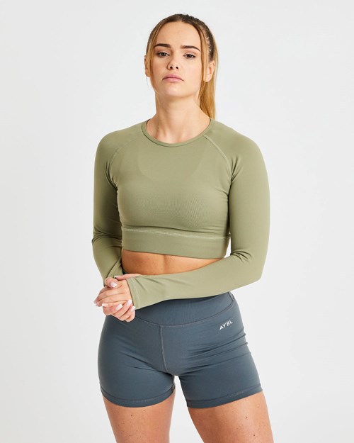 AYBL Core Long Sleeve Crop Top Vert Olive | CFUOZVT-57