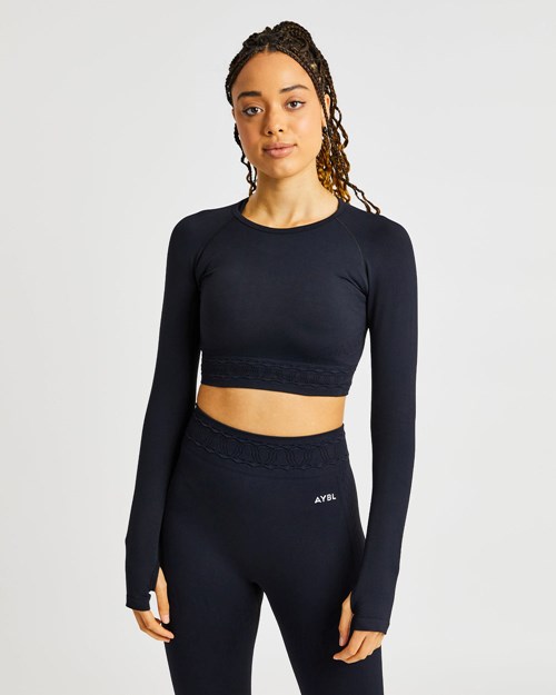 AYBL Elevate Seamless Long Sleeve Crop Top Noir | HMWGIRB-31