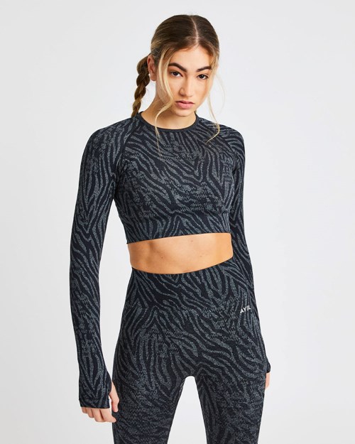 AYBL Evolve Animal Seamless Long Sleeve Crop Top Noir | AEHUTYC-04