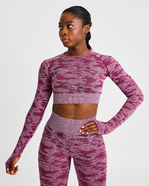 AYBL Evolve Camo Seamless Long Sleeve Crop Top Bordeaux | DCYUGXR-85