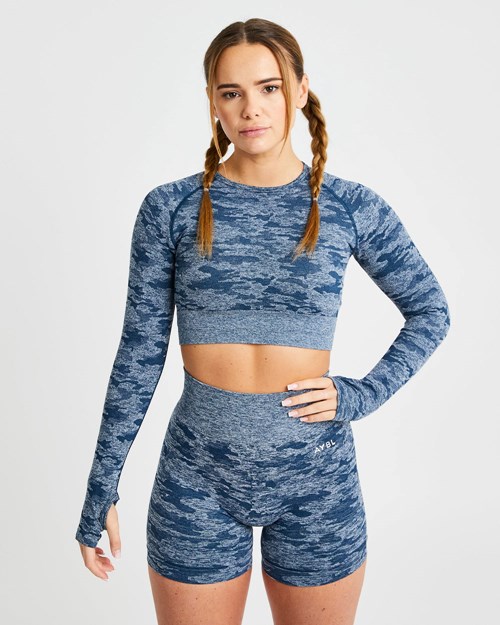 AYBL Evolve Camo Seamless Long Sleeve Crop Top Teal | JTFLMEG-34