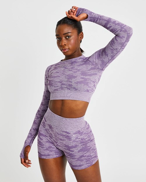 AYBL Evolve Camo Seamless Long Sleeve Crop Top Plum | NAUWIJD-51