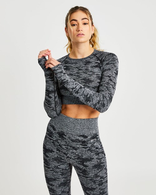 AYBL Evolve Camo Seamless Long Sleeve Crop Top Noir | NSHBGJR-90