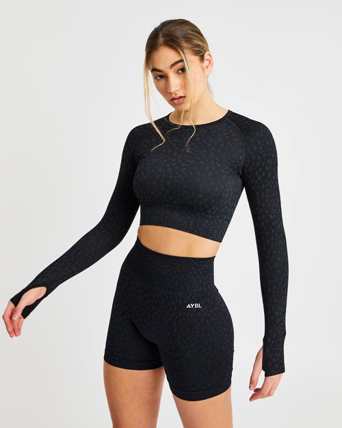 AYBL Evolve Speckle Seamless Long Sleeve Crop Top Noir | NJBDSIO-59