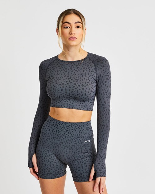 AYBL Evolve Speckle Seamless Long Sleeve Crop Top Charcoal | UHWMTPD-49