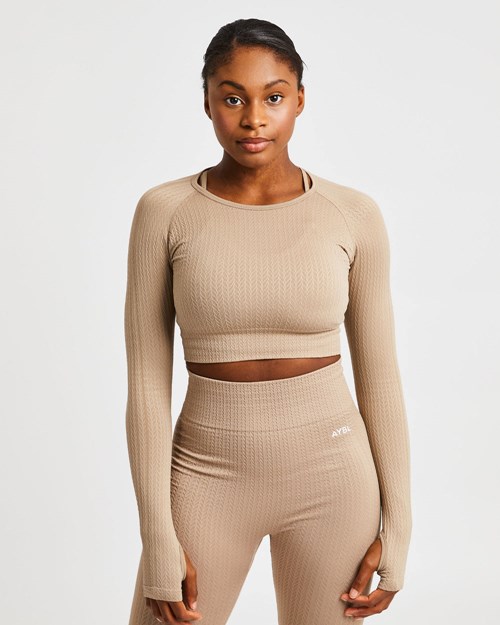 AYBL Luxe Seamless Long Sleeve Crop Top Mocha | LKNUBTW-01
