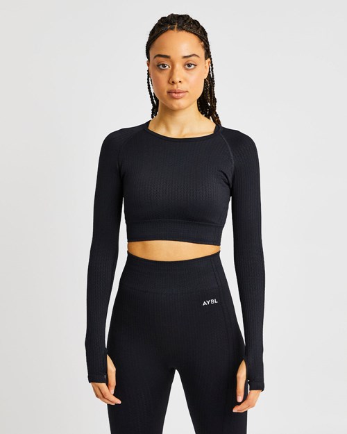 AYBL Luxe Seamless Long Sleeve Crop Top Noir | OSUDCEJ-84