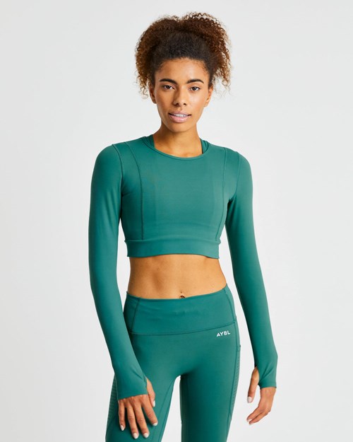 AYBL Pace Long Sleeve Crop Top Vert Foncé | CJXOBLM-48