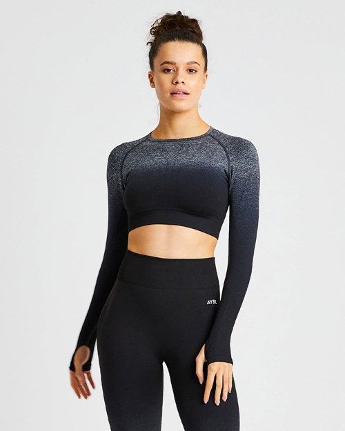 AYBL Pulse Ombré Seamless Long Sleeve Crop Top Black/Grey | WSQPICZ-45