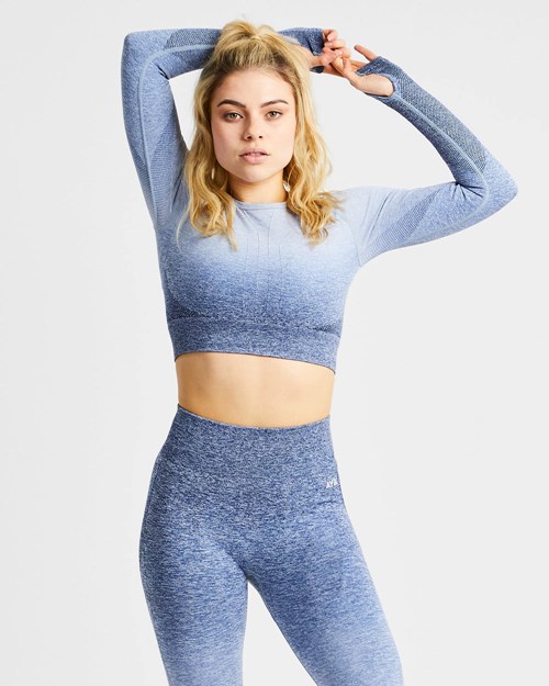 AYBL Pulse Ombré Seamless Long Sleeve Crop Top Bleu Marine | YUTSIXC-76