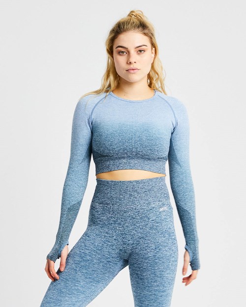 AYBL Pulse Ombré Seamless Long Sleeve Crop Top Teal | ZLMUIQY-25