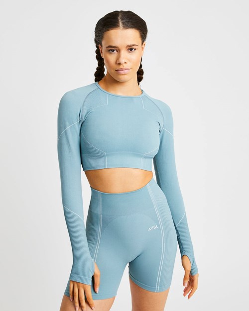 AYBL Reflex Seamless Long Sleeve Crop Top Teal | KSHETOY-79