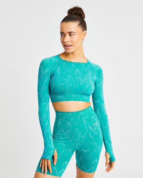 AYBL Velocity Seamless Long Sleeve Crop Top Turquoise | TCIMHQF-47